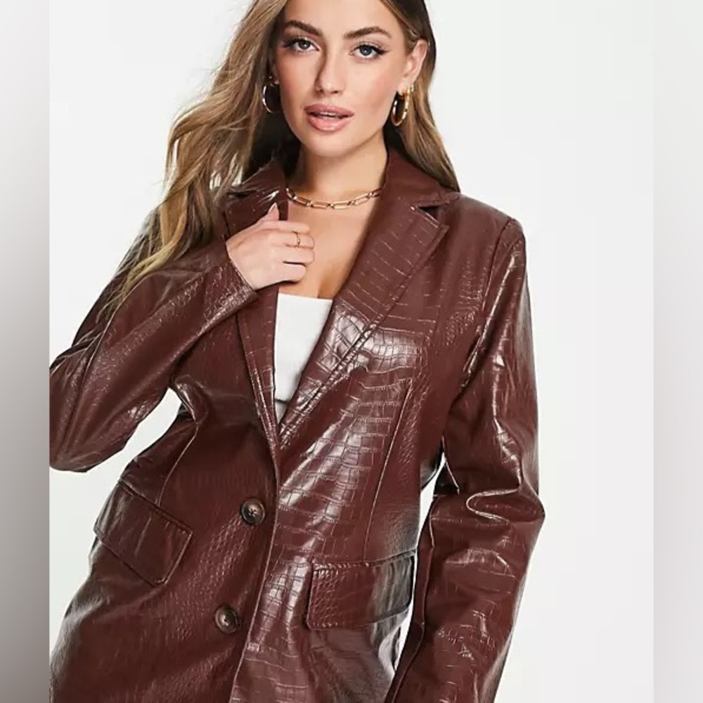 ASOS DESIGN croc leather look suit blazer in brown, new with tags, size 14